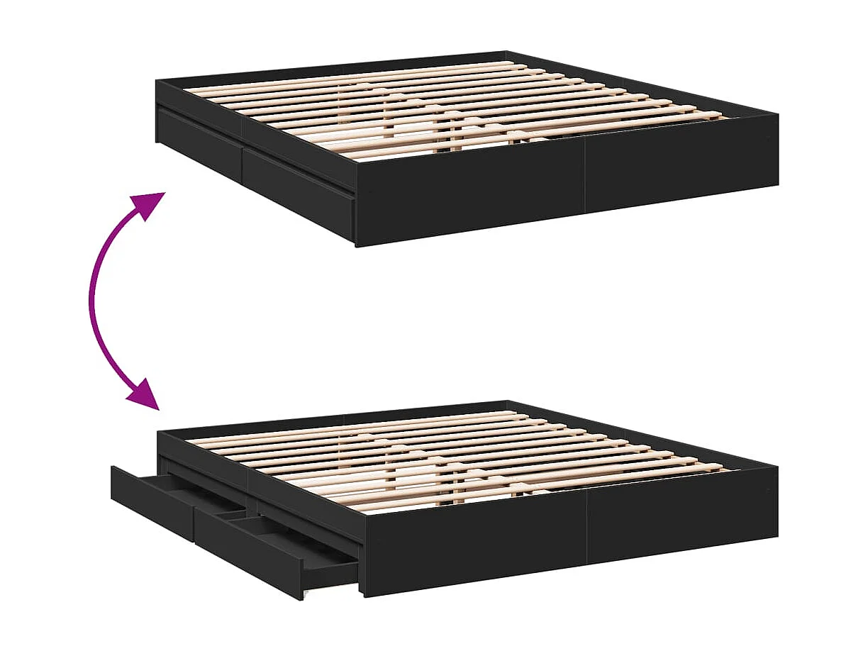 Lit double | Lit adulte | Cadre de lit avec tiroirs noir 200x200 cm