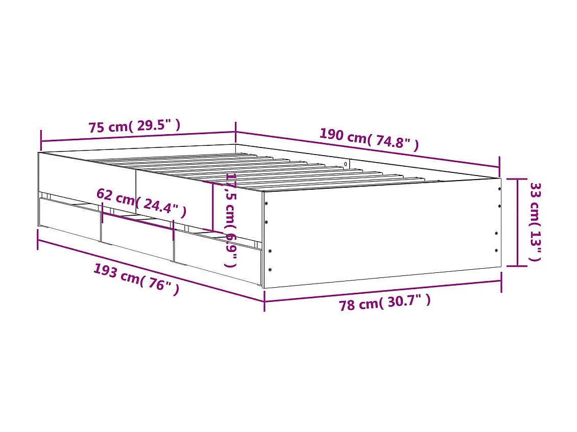 Lit simple | Lit adulte, enfant | Cadre de lit avec tiroirs blanc 75x190 cm