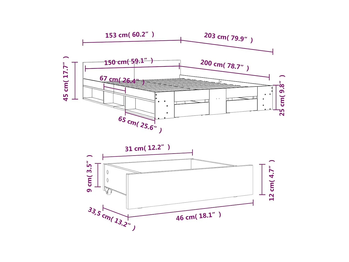 Lit double | Lit adulte | Cadre de lit avec tiroirs sonoma gris 150x200 cm