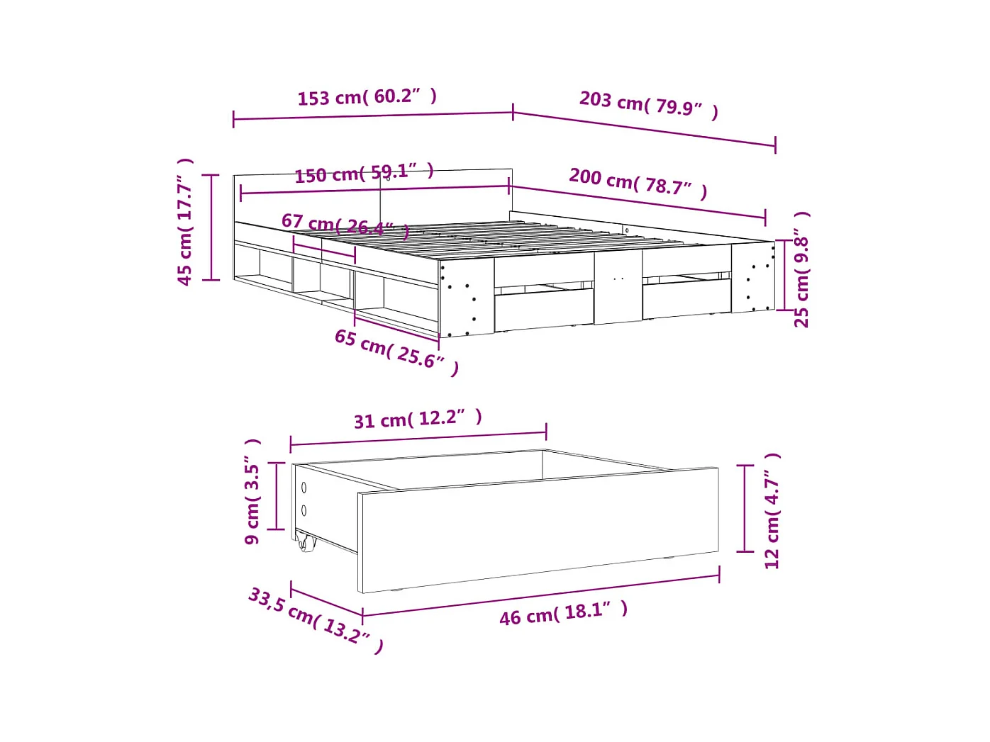 Lit double | Lit adulte | Cadre de lit avec tiroirs blanc 150x200 cm