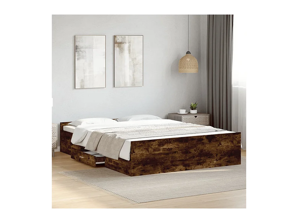 Lit double | Lit adulte | Cadre de lit avec tiroirs chêne fumé 150x200 cm