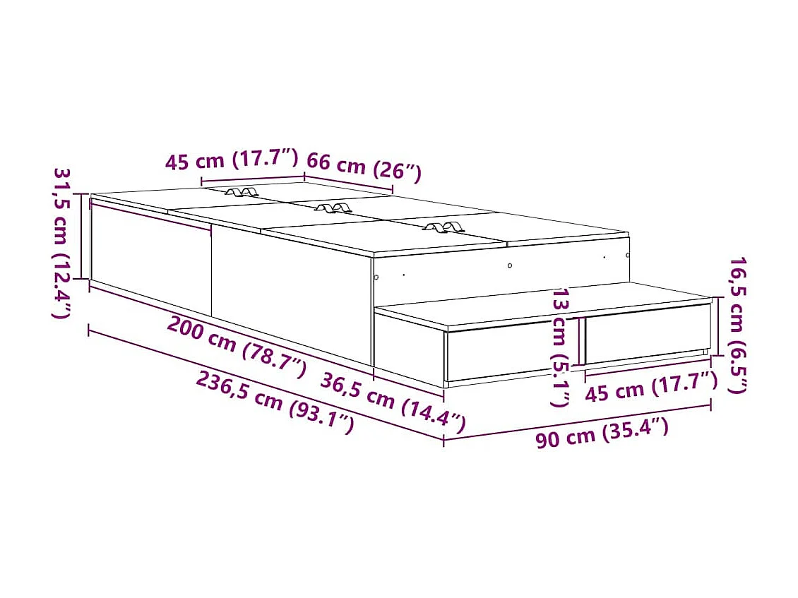 Lit simple | Lit adulte, enfant | Cadre de lit avec rangement Chêne fumé 236.5x90x31.5 cm