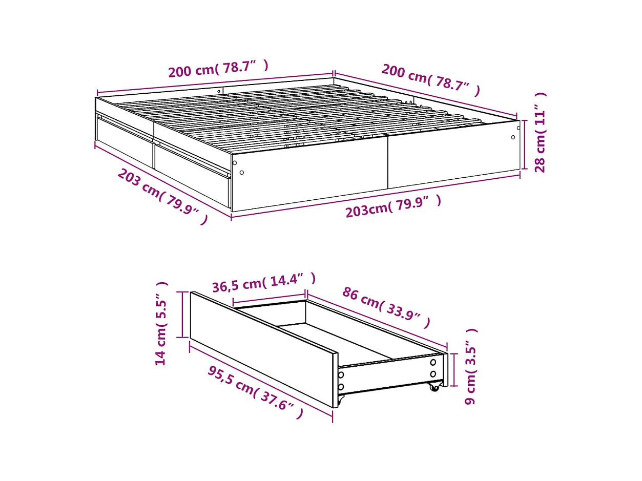 Lit double | Lit adulte | Cadre de lit avec tiroirs gris béton 200x200 cm