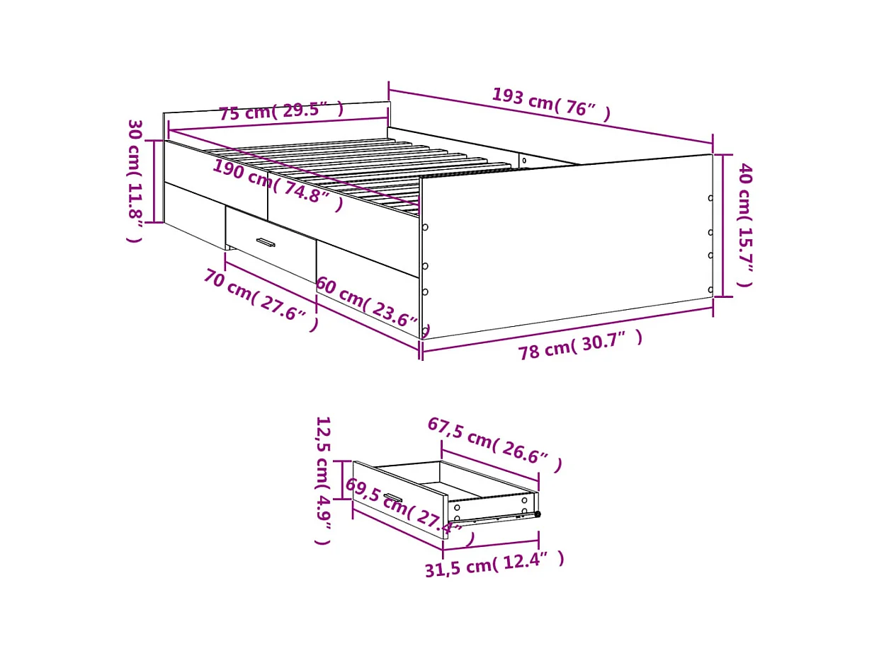 Lit simple | Lit adulte, enfant | Cadre de lit avec tiroirs blanc 75x190 cm
