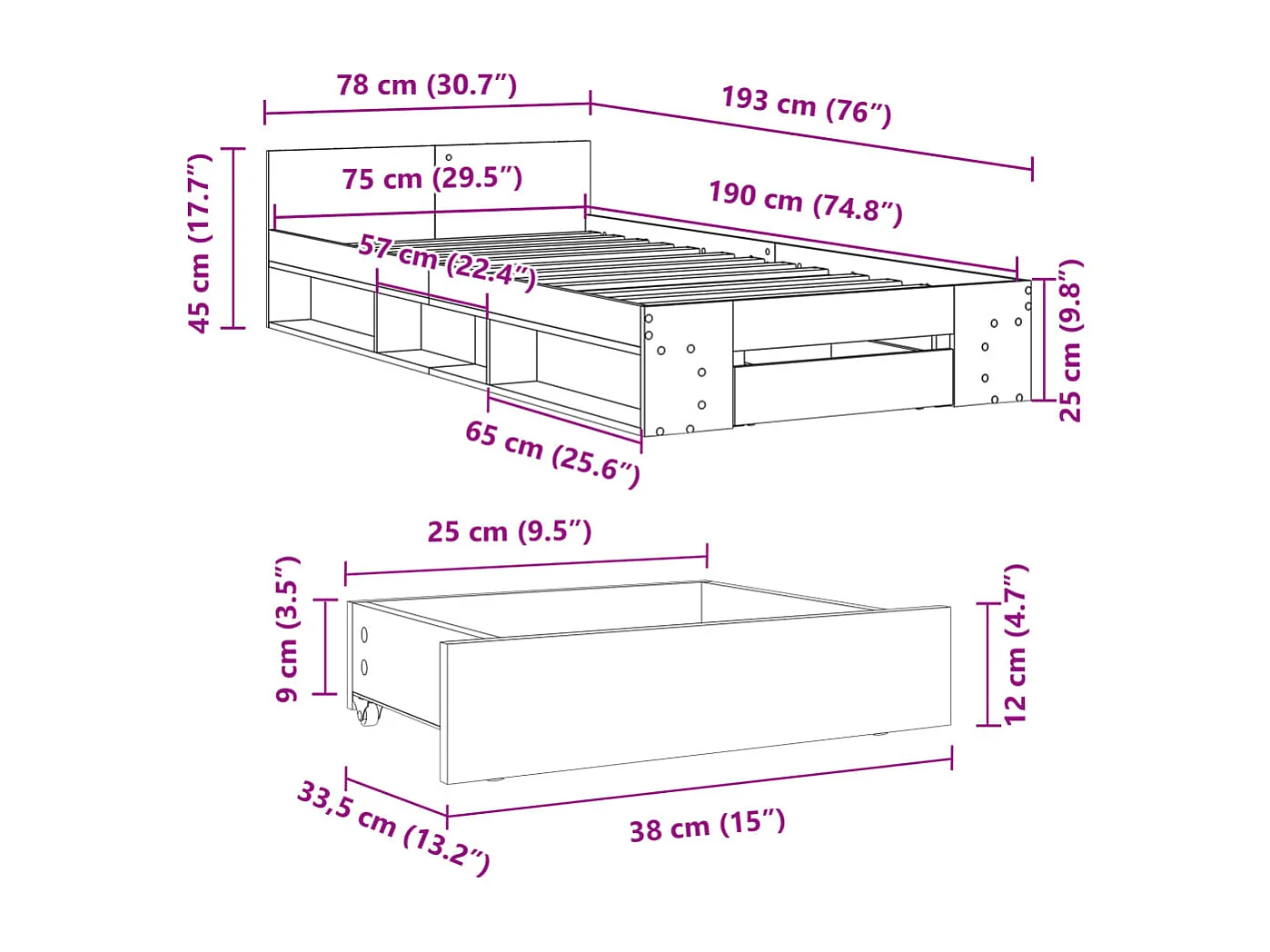 Lit simple | Lit adulte, enfant | Cadre de lit avec tiroir blanc 75x190 cm