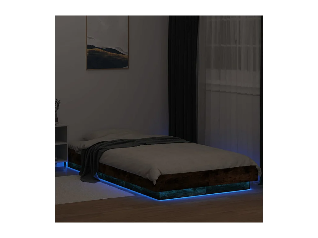 Lit simple | Lit adulte, enfant | Cadre de lit et lumières LED chêne fumé 75x190 cm
