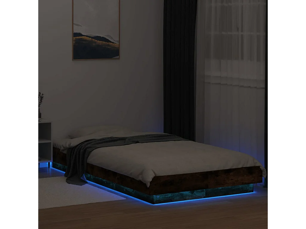 Lit simple | Lit adulte, enfant | Cadre de lit et lumières LED chêne fumé 75x190 cm