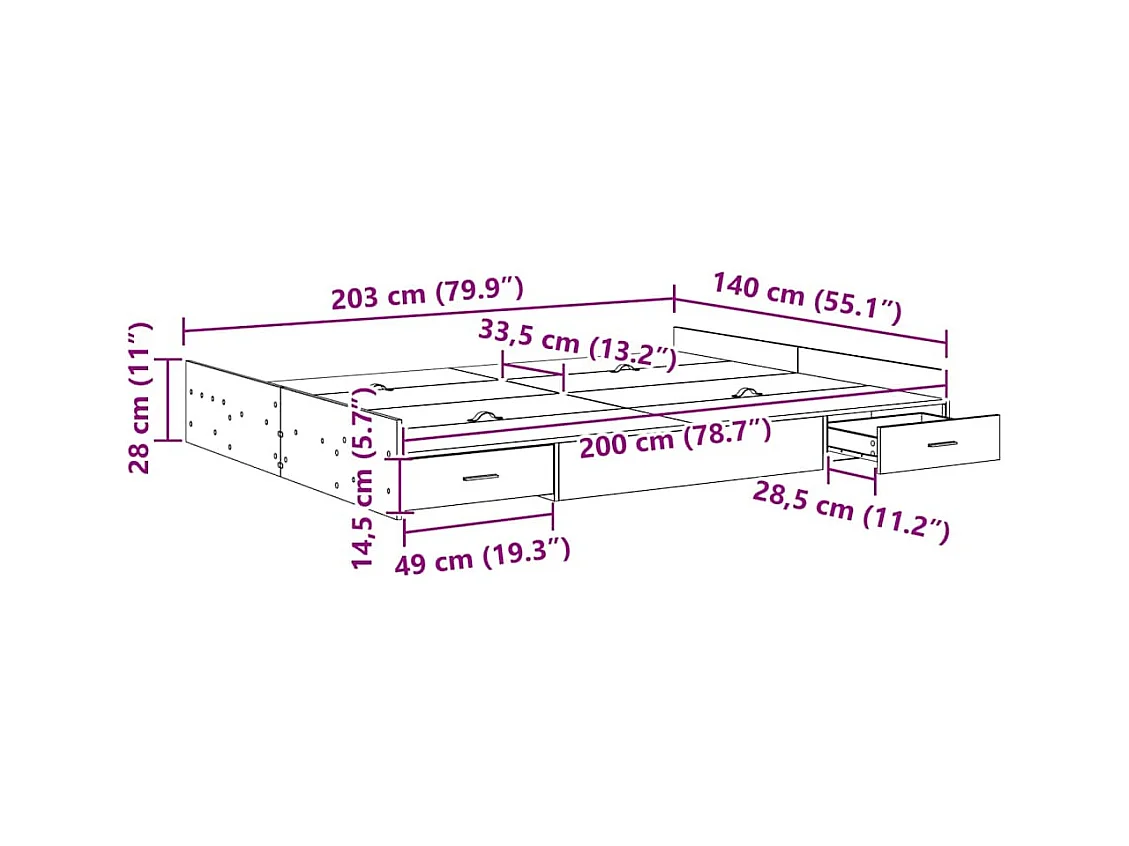 Lit double | Lit adulte | Cadre de lit avec rangement Bois ancien 140x200 cm