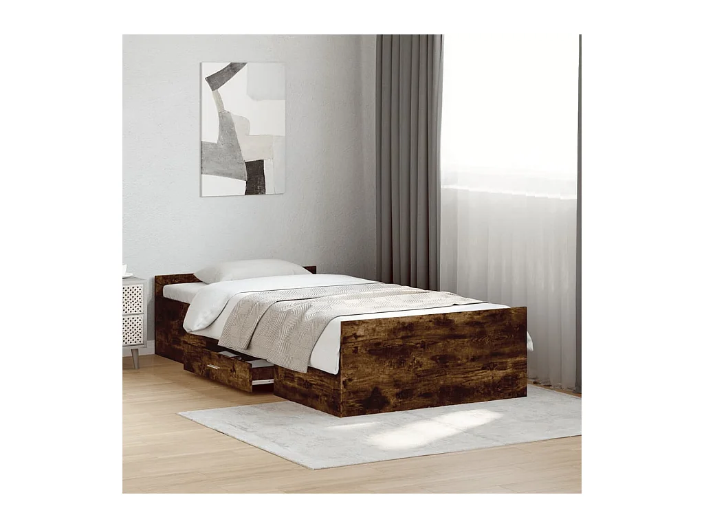 Lit simple | Lit adulte, enfant | Cadre de lit avec tiroirs chêne fumé 75x190 cm
