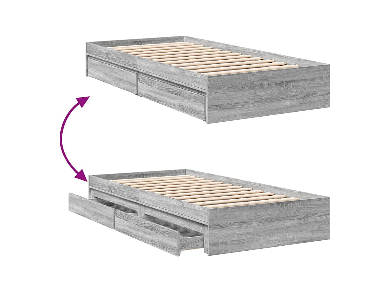 Lit simple | Lit adulte, enfant | Cadre de lit avec tiroirs sonoma gris 100x200 cm