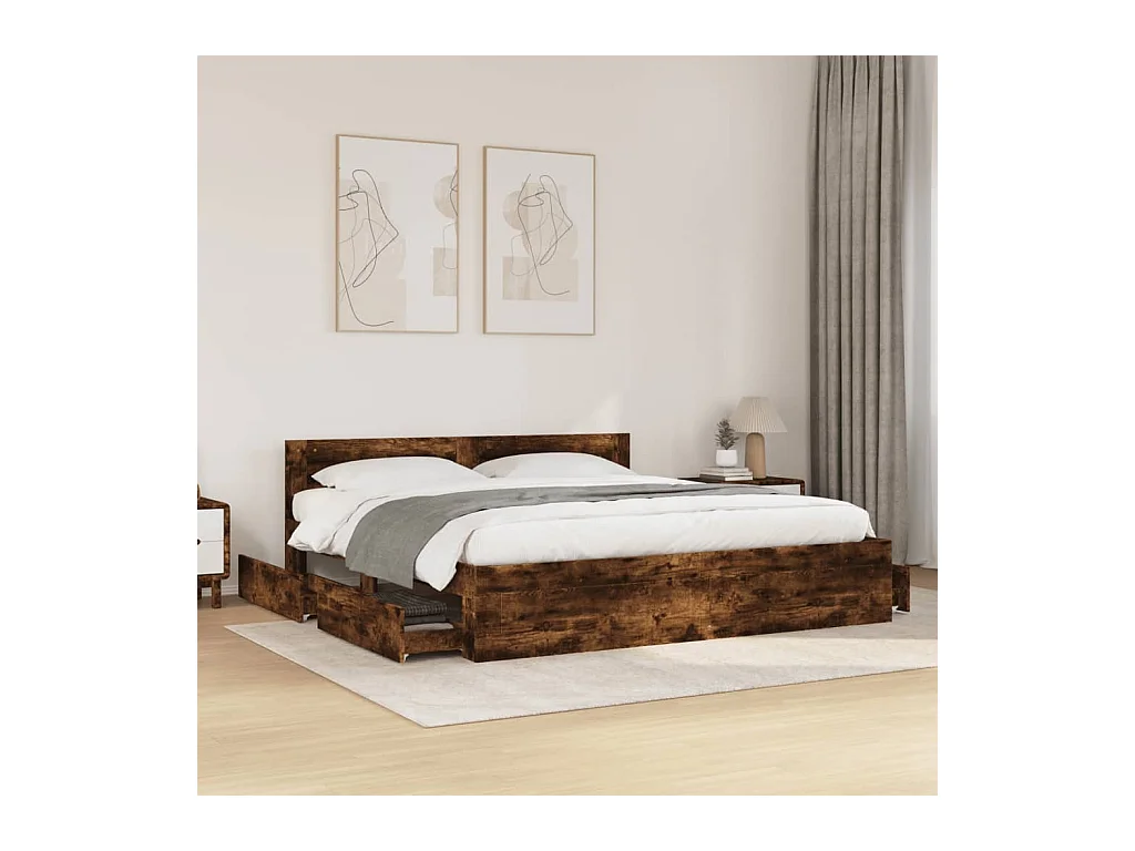 Lit double | Lit adulte | Cadre de lit avec tête de lit chêne fumé 200x200 cm