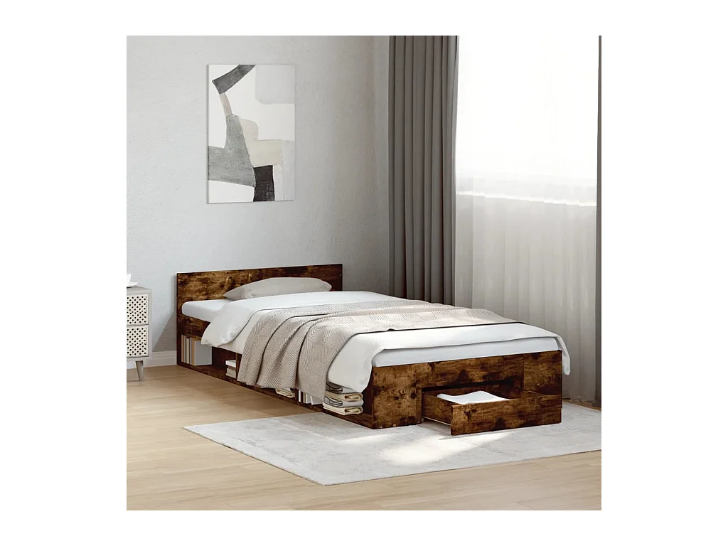 Lit simple | Lit adulte, enfant | Cadre de lit avec tiroir chêne fumé 90x200 cm
