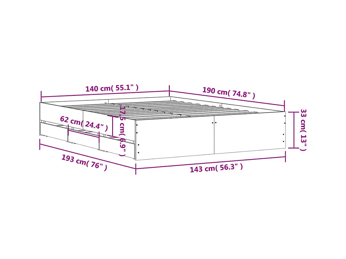 Lit double | Lit adulte | Cadre de lit avec tiroirs sonoma gris 140x190 cm