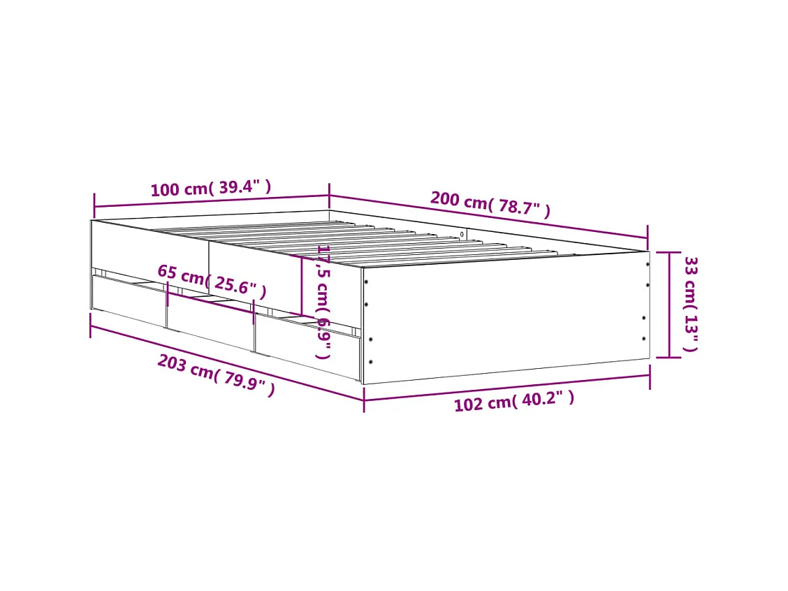 Lit simple | Lit adulte, enfant | Cadre de lit avec tiroirs blanc 100x200 cm