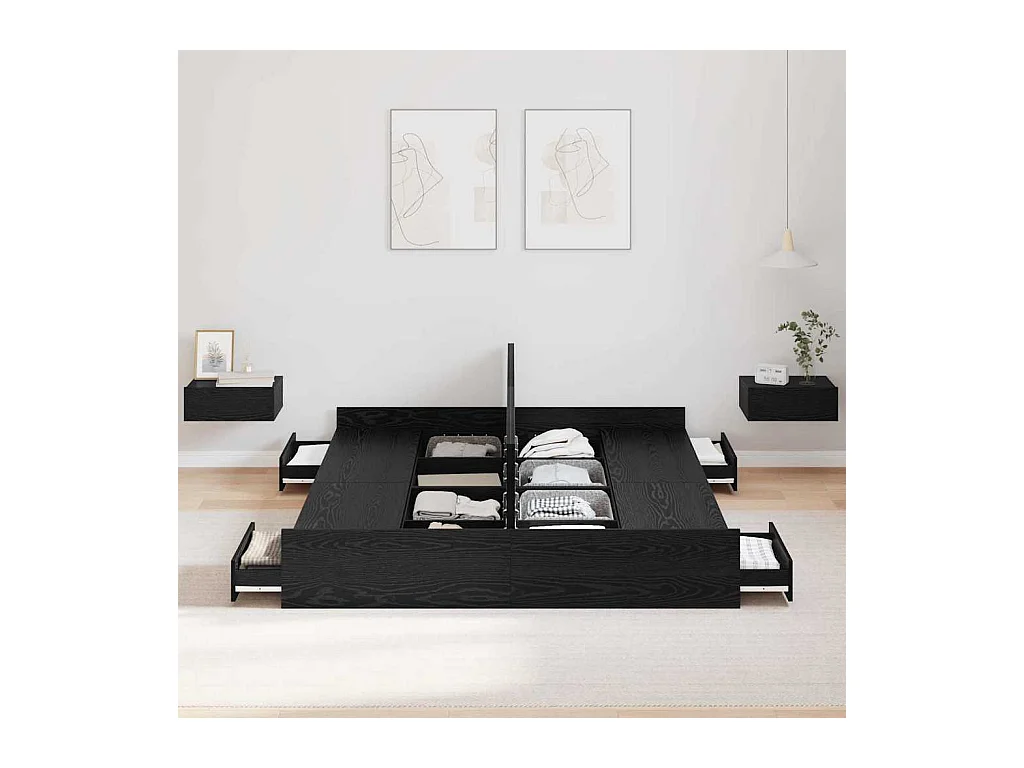 Lit double | Lit adulte | Cadre de lit avec rangement avec tiroir Chêne noir 140x190 cm