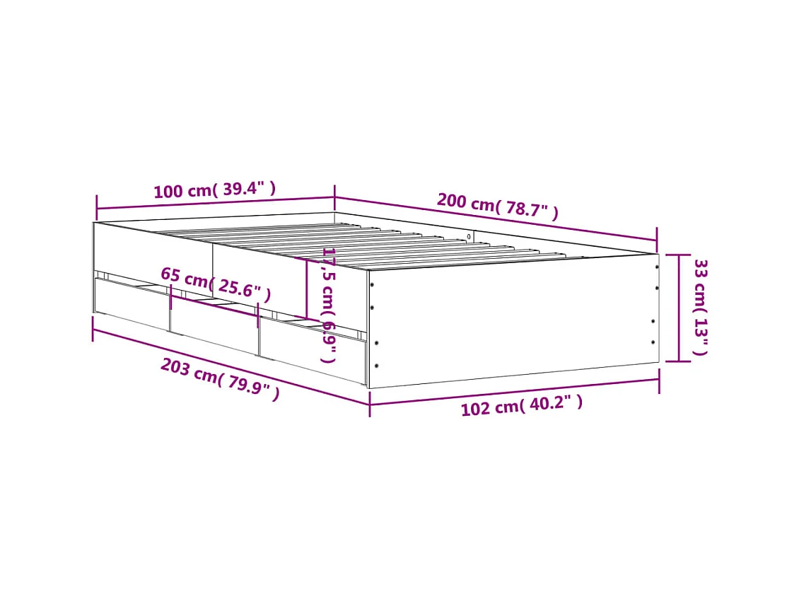 Lit simple | Lit adulte, enfant | Cadre de lit avec tiroirs sonoma gris 100x200 cm
