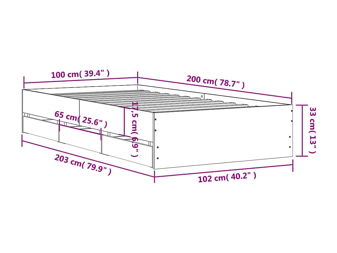 Lit simple | Lit adulte, enfant | Cadre de lit avec tiroirs sonoma gris 100x200 cm