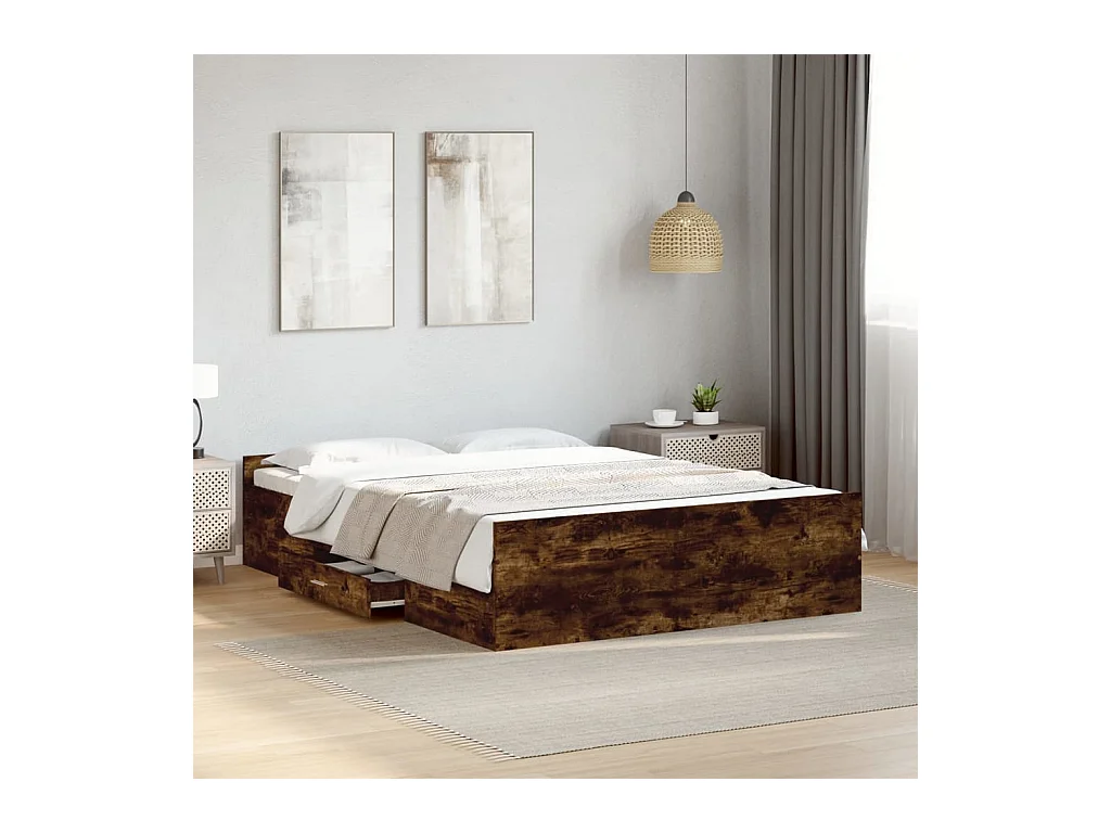 Lit double | Lit adulte | Cadre de lit avec tiroirs chêne fumé 140x190 cm