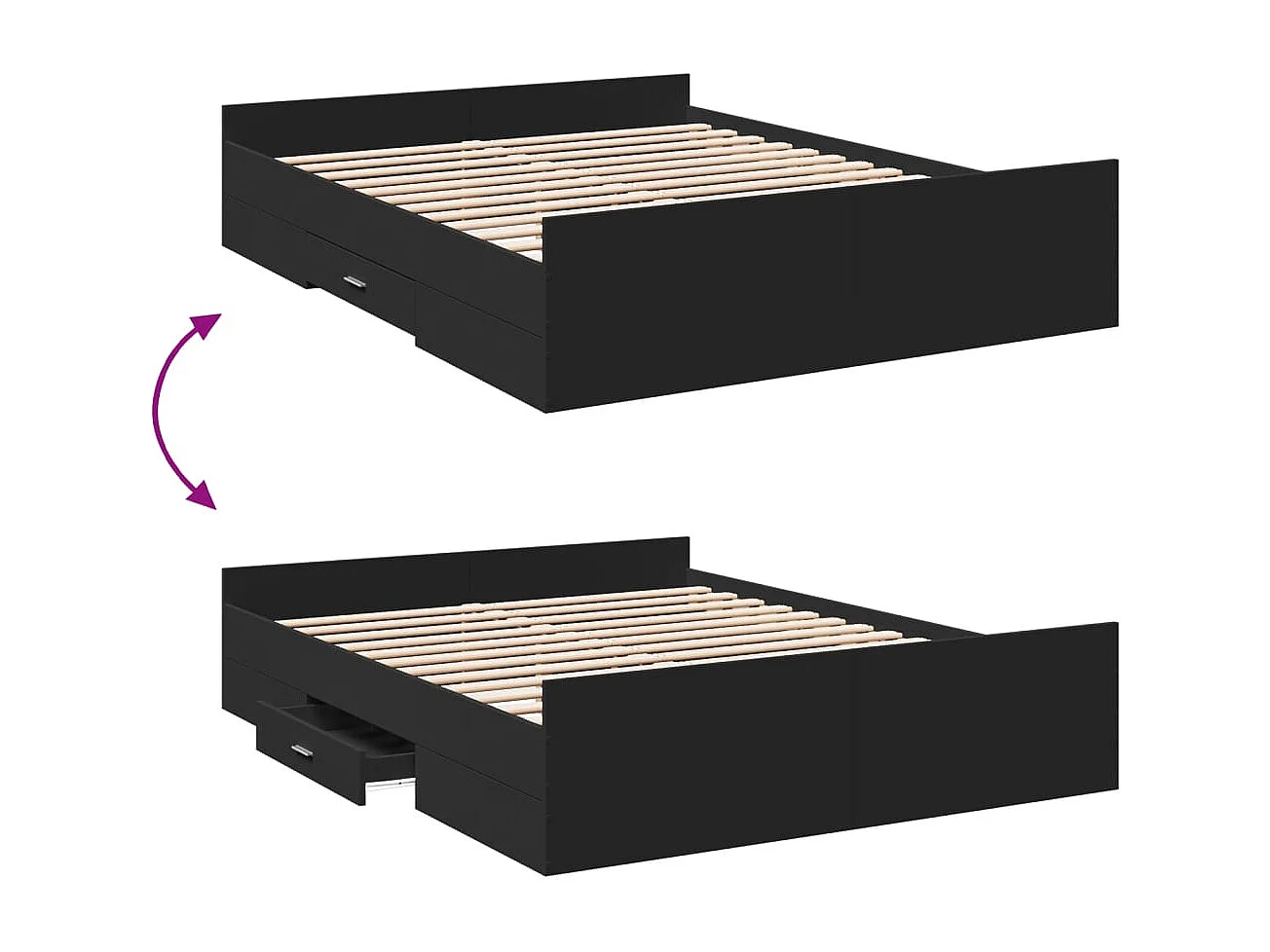 Lit double | Lit adulte | Cadre de lit avec tiroirs noir 160x200 cm