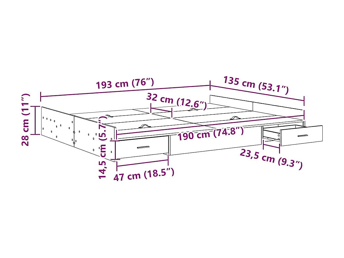 Lit double | Lit adulte | Cadre de lit avec rangement Sonoma gris 135x190 cm