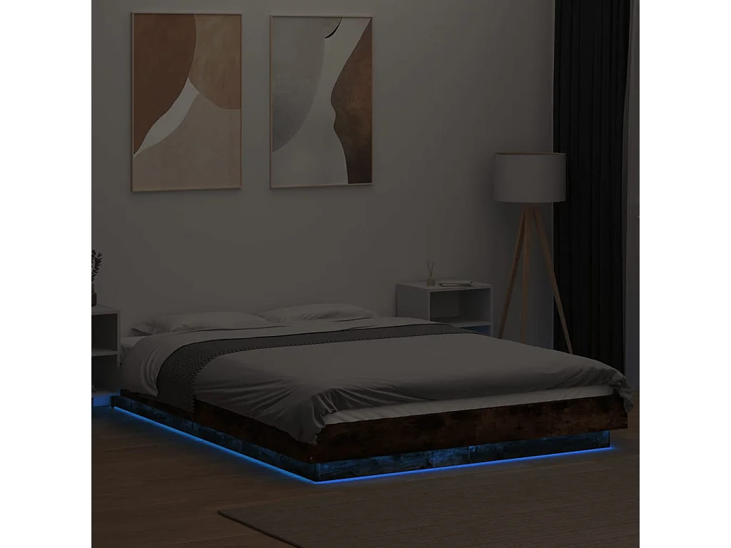 Lit simple | Lit adulte, enfant | Cadre de lit et lumières LED chêne fumé 120x190cm