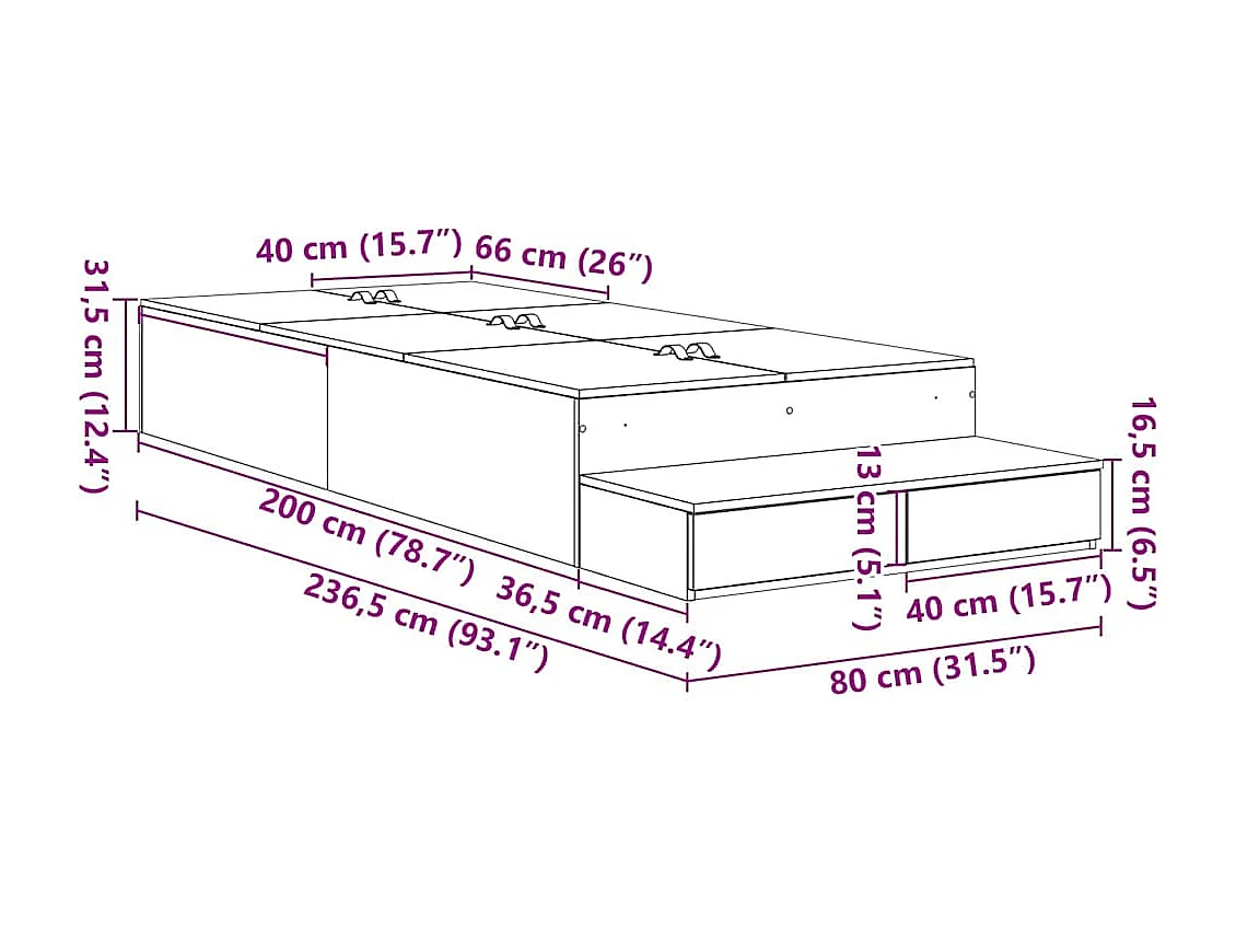 Lit simple | Lit adulte, enfant | Cadre de lit avec rangement Chêne noir 236.5x80x31.5 cm