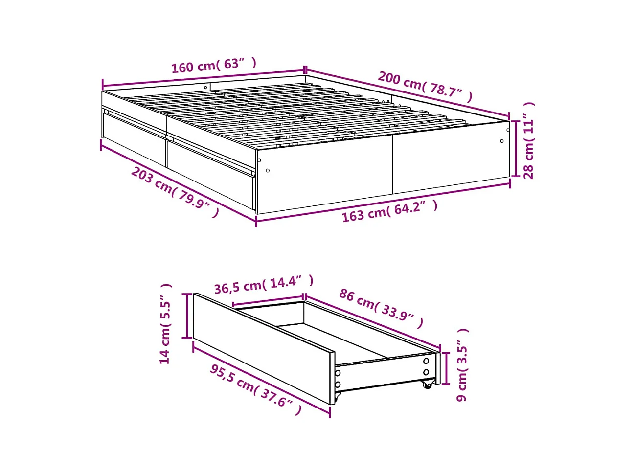 Lit double | Lit adulte | Cadre de lit avec tiroirs sonoma gris 160x200 cm