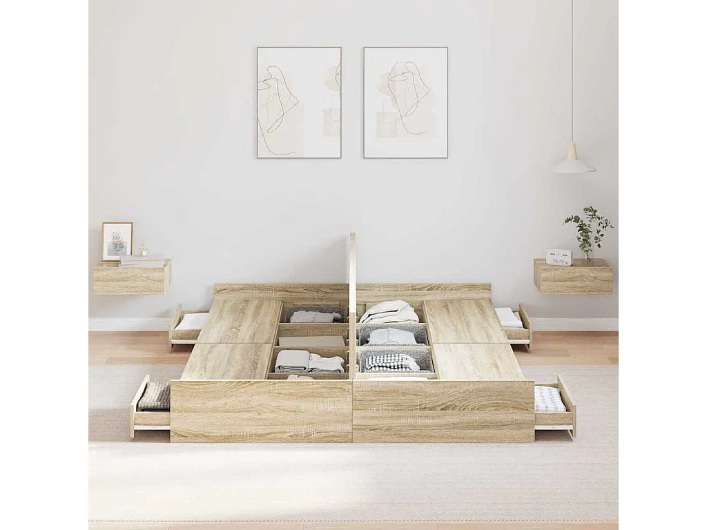 Lit double | Lit adulte | Cadre de lit avec rangement Chêne sonoma 140x200 cm
