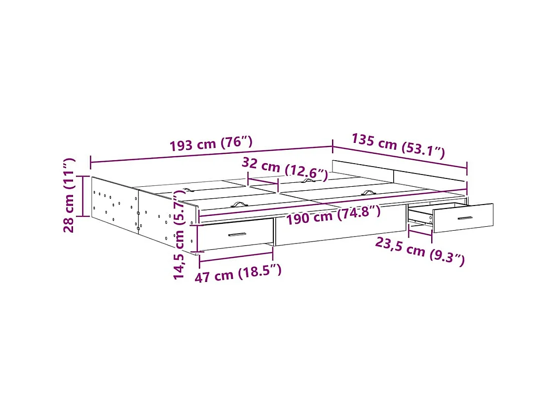 Lit double | Lit adulte | Cadre de lit avec rangement Chêne sonoma 135x190 cm