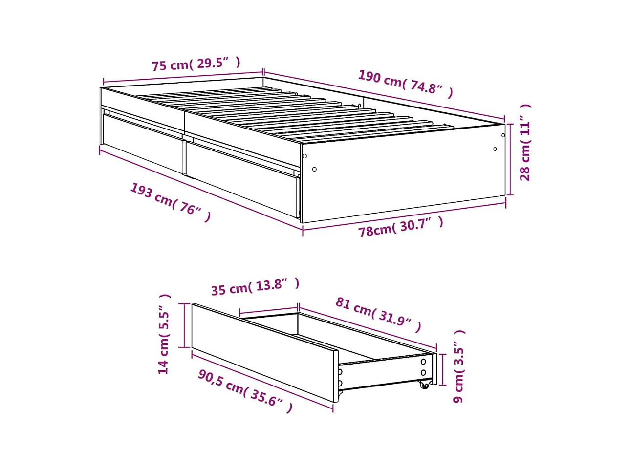 Lit simple | Lit adulte, enfant | Cadre de lit avec tiroirs blanc 75x190 cm