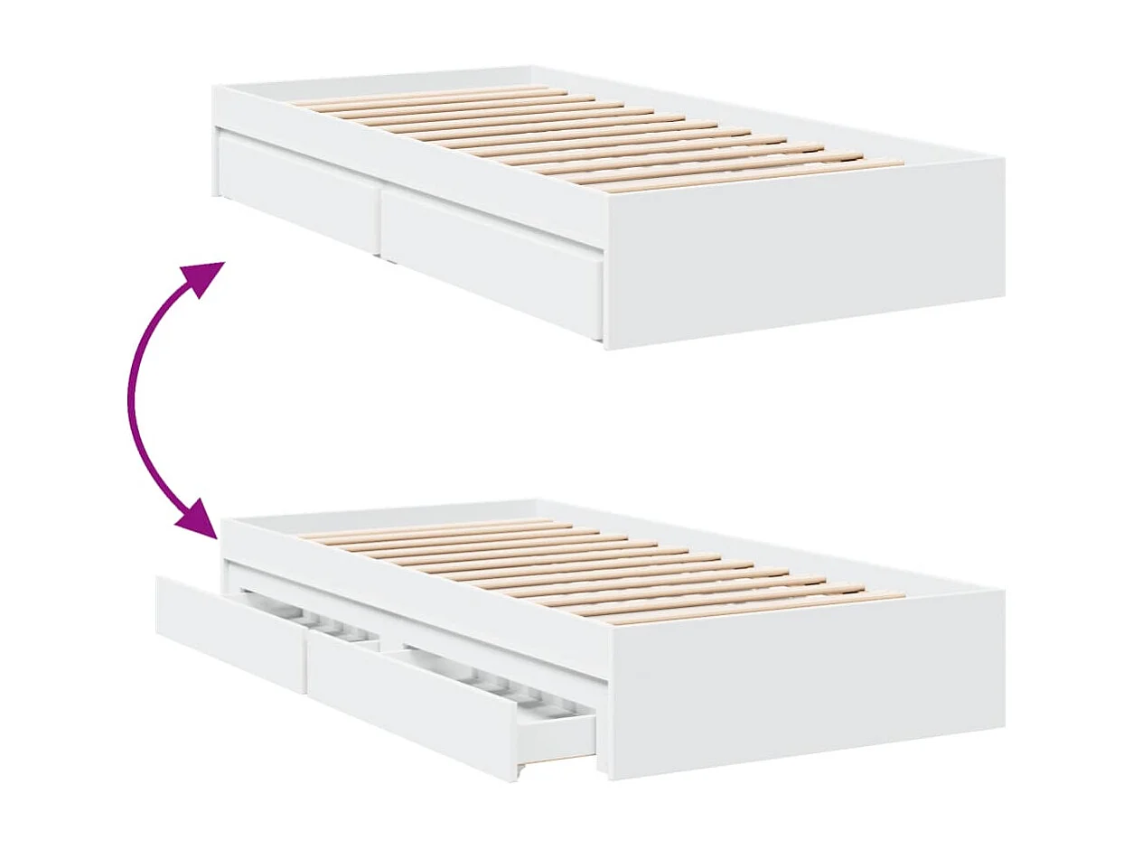 Lit simple | Lit adulte, enfant | Cadre de lit avec tiroirs blanc 75x190 cm