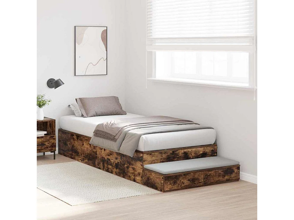 Lit simple | Lit adulte, enfant | Cadre de lit avec rangement Chêne fumé 75x190 cm cm