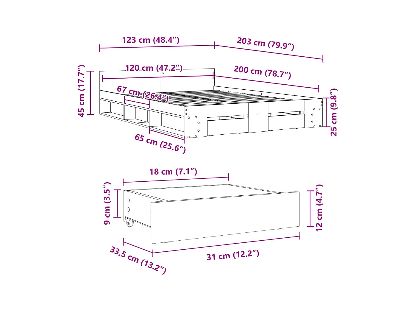 Lit simple | Lit adulte, enfant | Cadre de lit avec tiroirs sonoma gris 120x200 cm