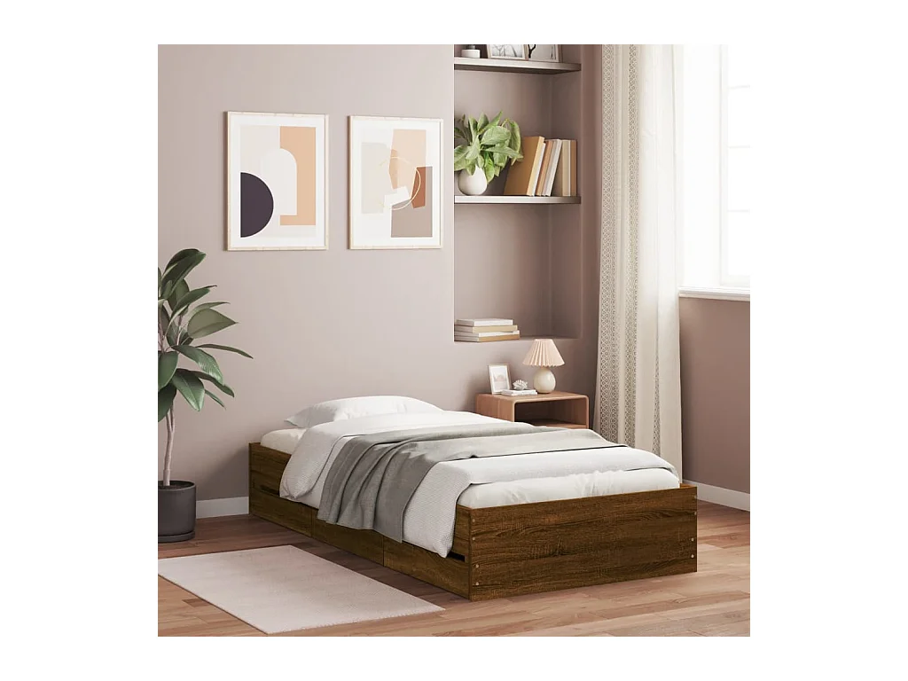 Lit simple | Lit adulte, enfant | Cadre de lit avec tiroirs chêne marron 90x200 cm