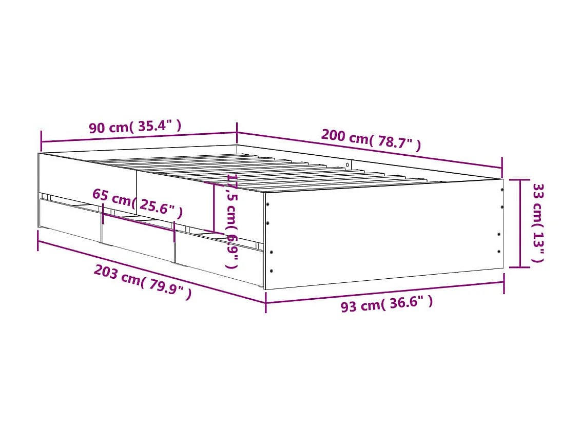 Lit simple | Lit adulte, enfant | Cadre de lit avec tiroirs chêne marron 90x200 cm