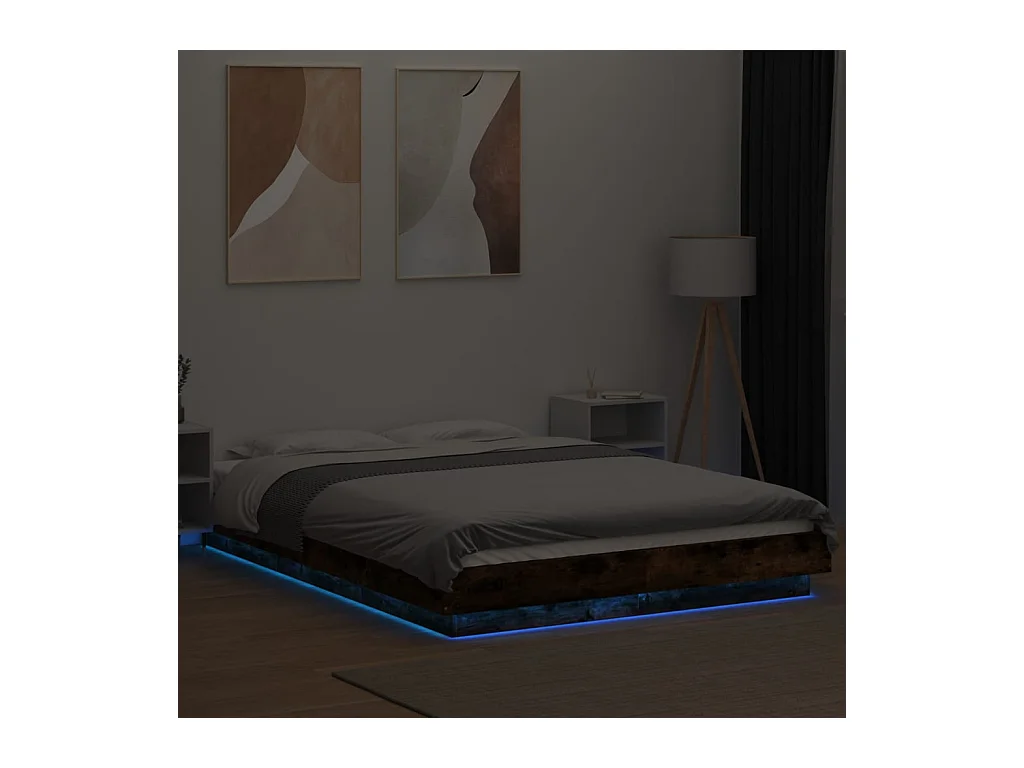 Lit simple | Lit adulte, enfant | Cadre de lit et lumières LED chêne fumé 120x200 cm