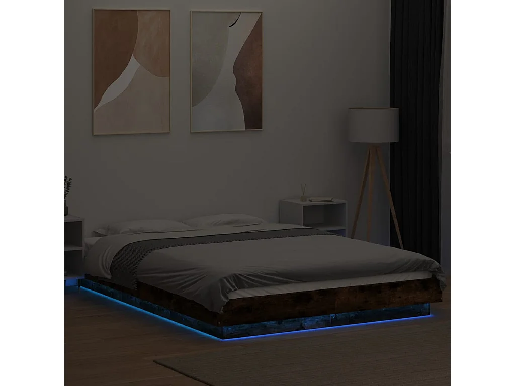 Lit simple | Lit adulte, enfant | Cadre de lit et lumières LED chêne fumé 120x200 cm