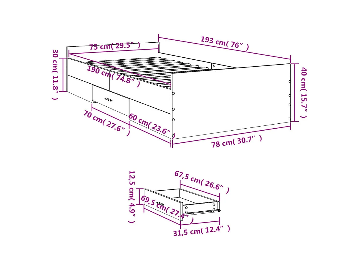 Lit simple | Lit adulte, enfant | Cadre de lit avec tiroirs noir 75x190 cm