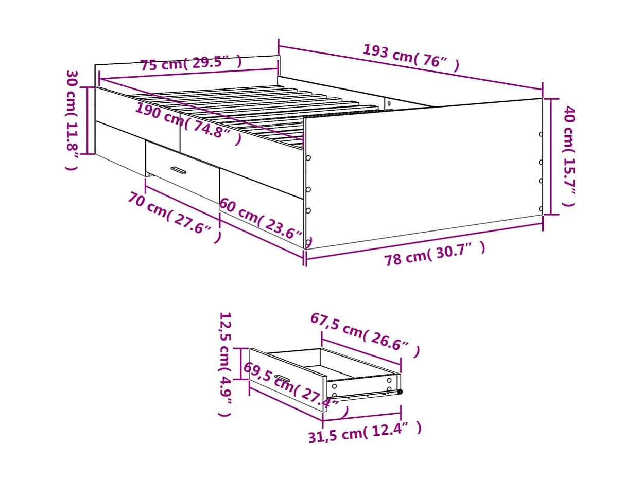 Lit simple | Lit adulte, enfant | Cadre de lit avec tiroirs noir 75x190 cm