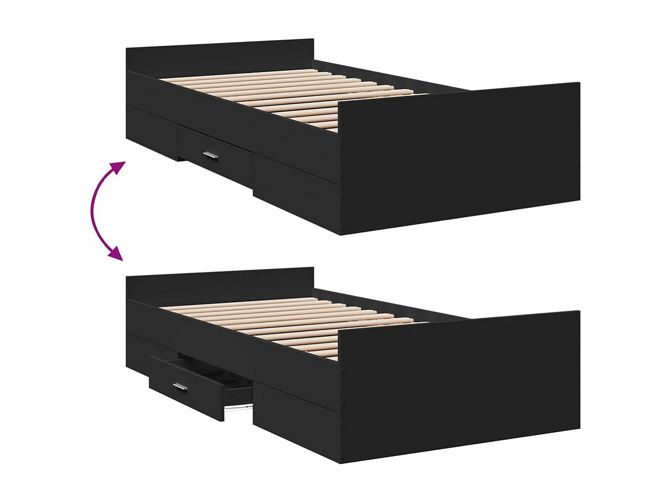 Lit simple | Lit adulte, enfant | Cadre de lit avec tiroirs noir 75x190 cm