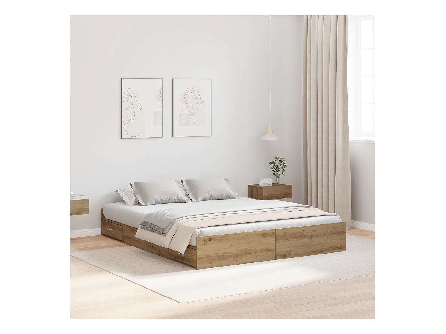 Lit double | Lit adulte | Cadre de lit avec rangement chêne artisanal 135x190 cm