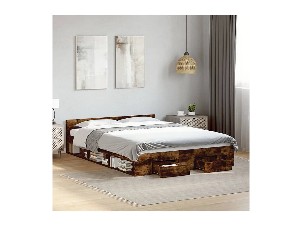 Lit simple | Lit adulte, enfant | Cadre de lit avec tiroirs chêne fumé 120x200 cm