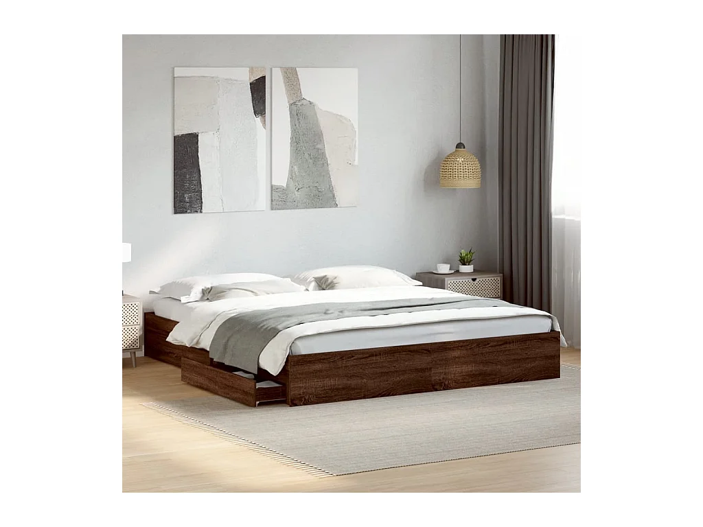 Lit double | Lit adulte | Cadre de lit avec tiroirs chêne marron 200x200 cm