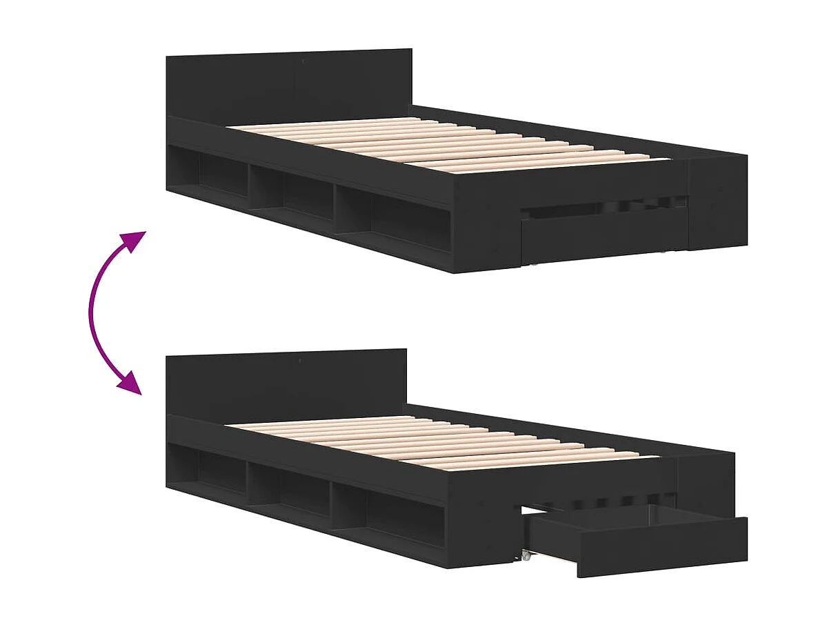 Lit simple | Lit adulte, enfant | Cadre de lit avec tiroir noir 90x190 cm