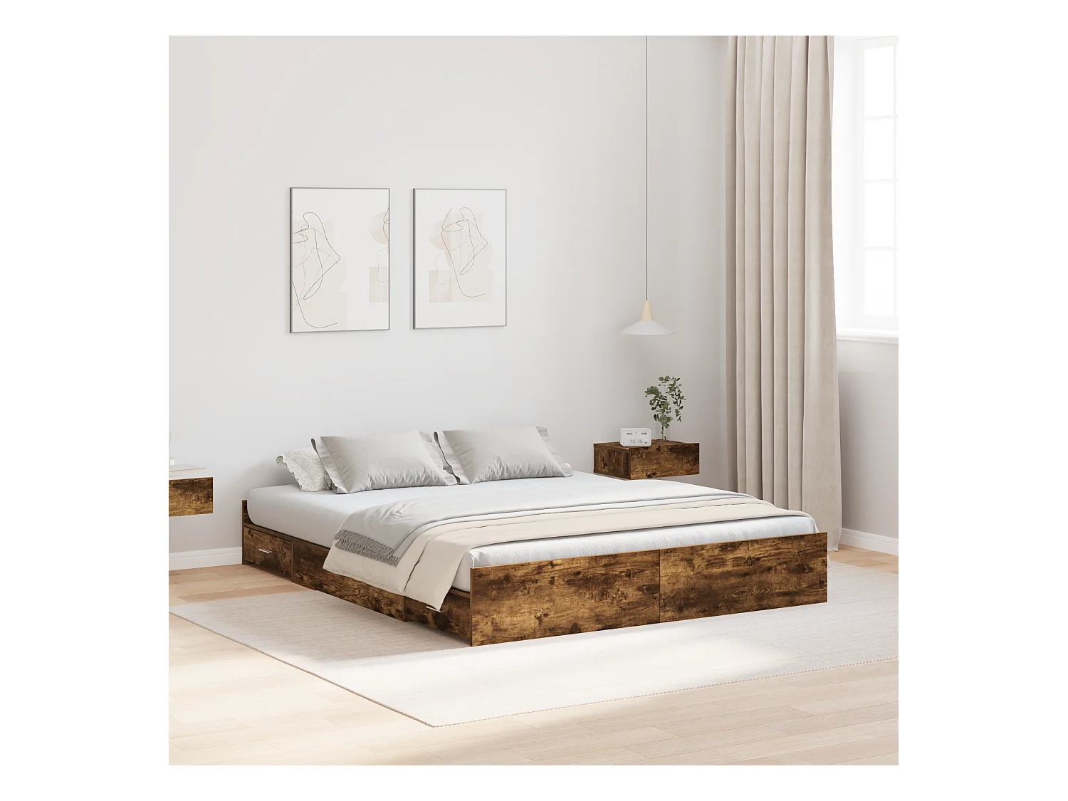 Lit double | Lit adulte | Cadre de lit avec rangement avec tiroir Chêne fumé 135x190 cm