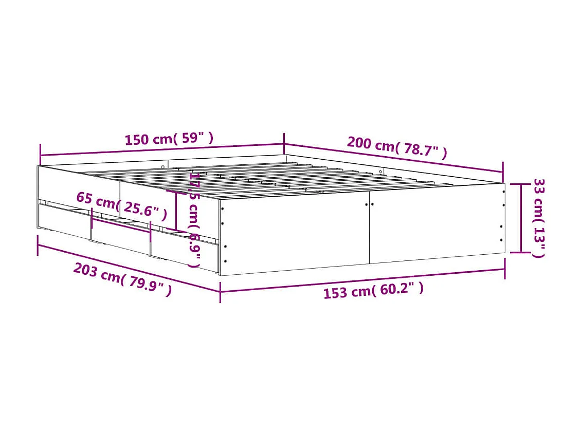 Lit double | Lit adulte | Cadre de lit avec tiroirs gris béton 150x200 cm