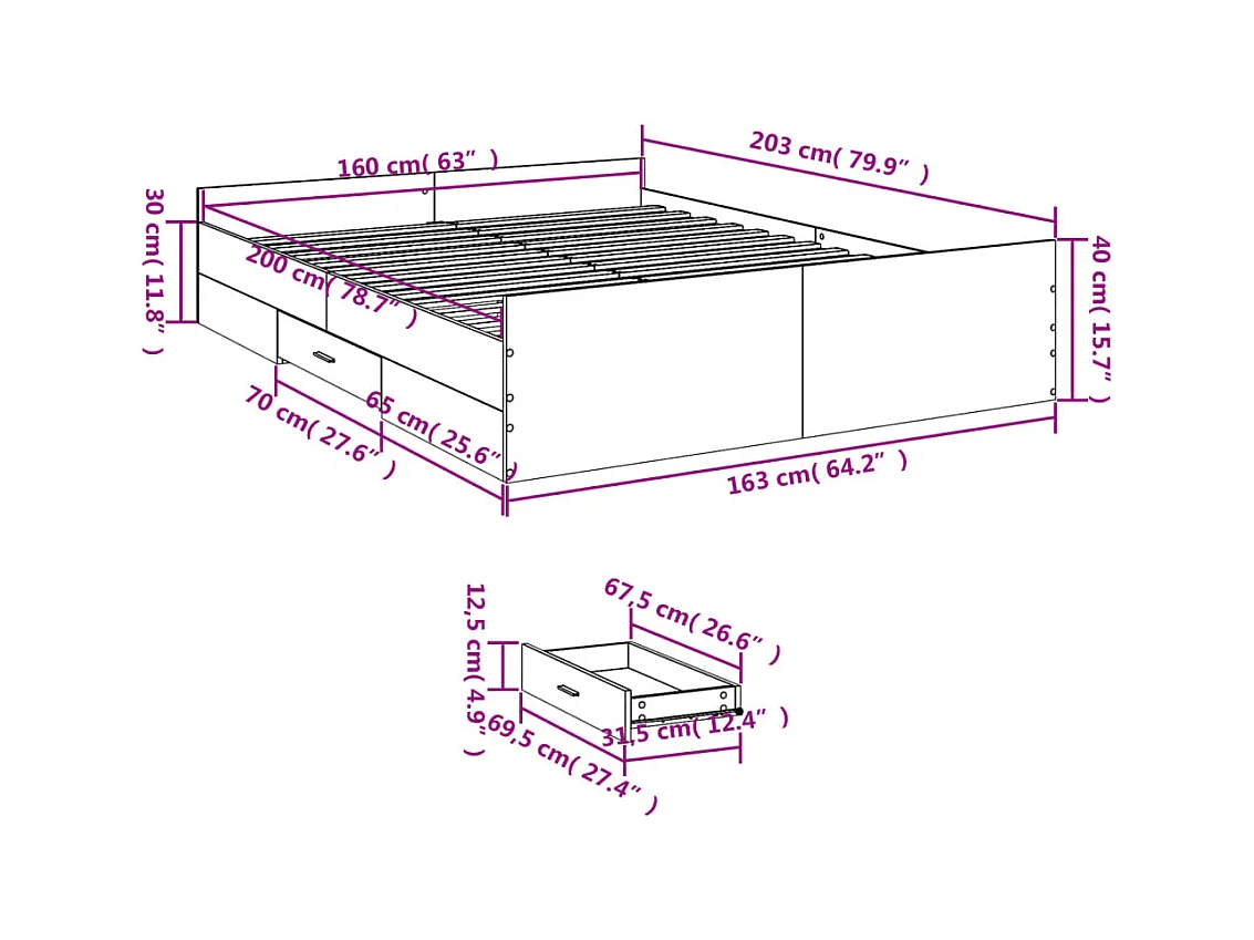 Lit double | Lit adulte | Cadre de lit avec tiroirs sonoma gris 160x200 cm