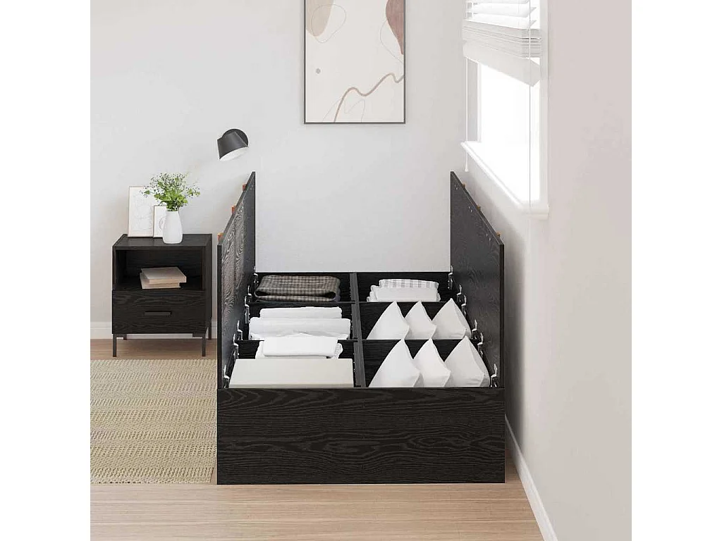 Lit simple | Lit adulte, enfant | Cadre de lit Noir en Chêne avec Rangement 90x200 cm