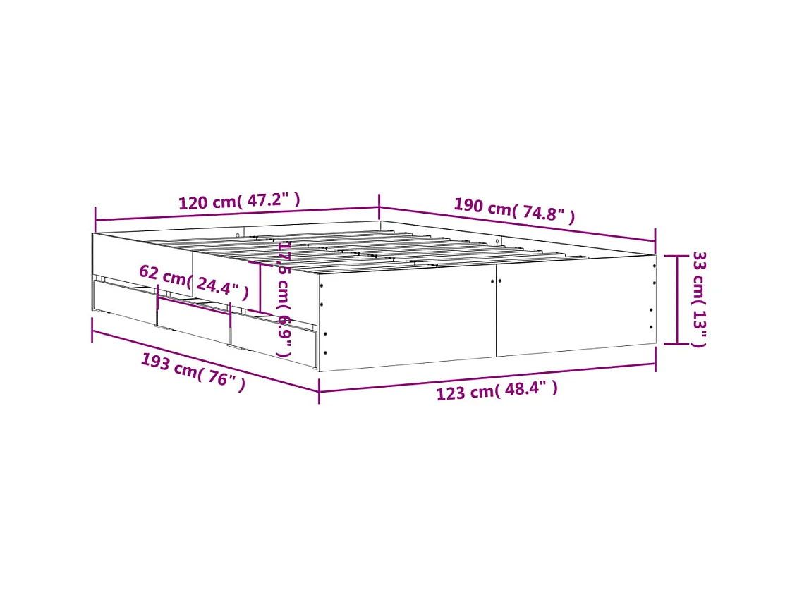 Lit simple | Lit adulte, enfant | Cadre de lit avec tiroirs sonoma gris 120x190 cm