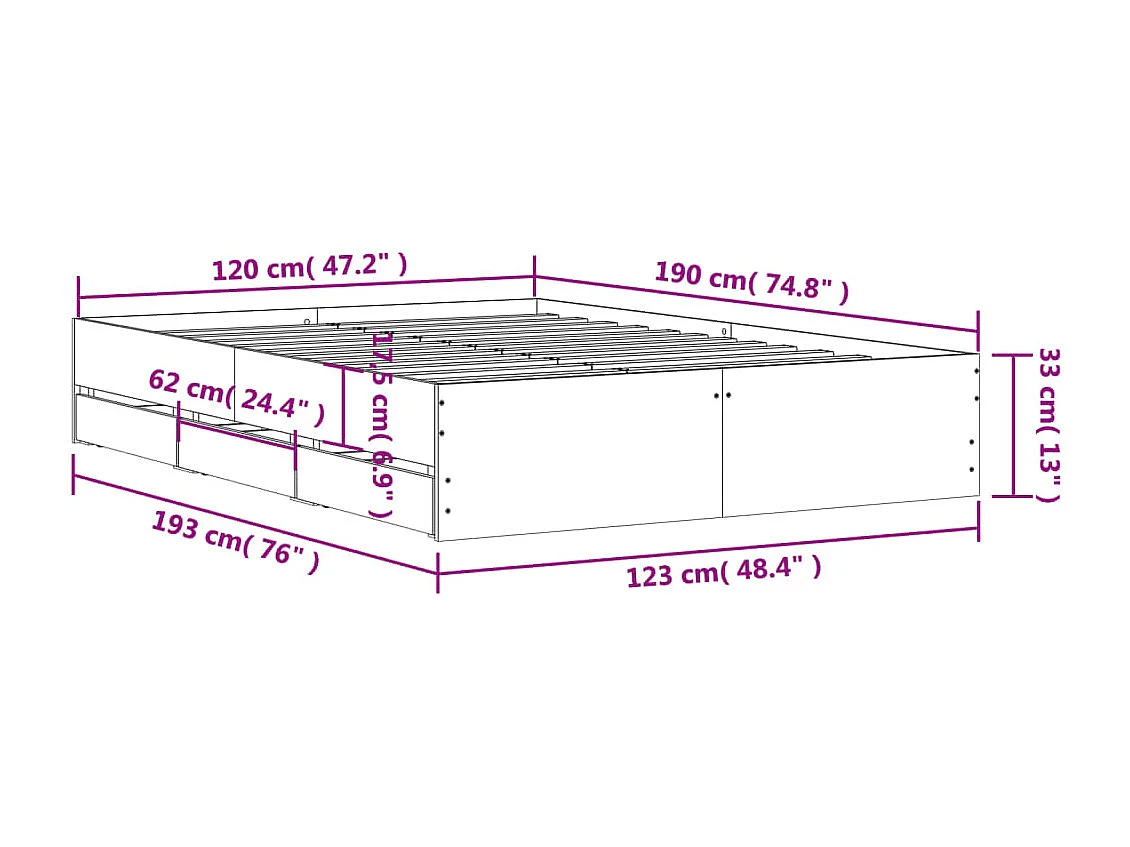 Lit simple | Lit adulte, enfant | Cadre de lit avec tiroirs sonoma gris 120x190 cm